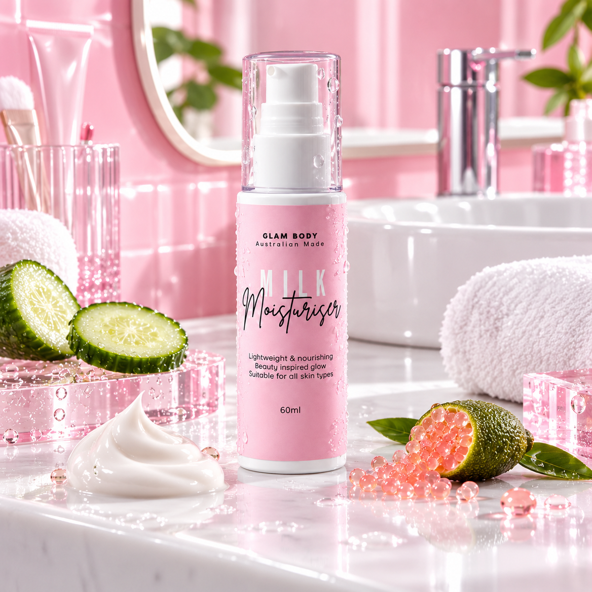 A pink pump bottle of Glam Body Australia New 9HK Moisturiser centered on a glossy white countertop, surrounded by pink bath accessories, cucumber slices, a dollop of white cream, and pink beads in a bathroom setting.
