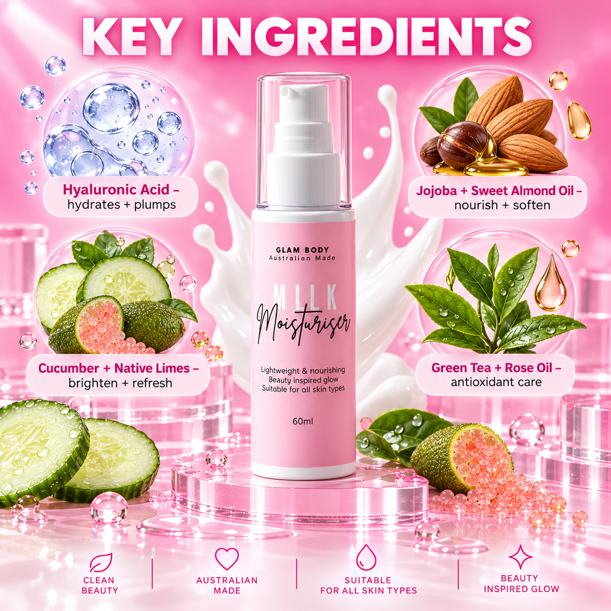 A pink cosmetic bottle labeled 'GLAM BODY Naturals Milk Moisturiser 60ml' centered on a bright pink graphic background with ingredient callouts and illustrations of cucumbers, almonds, green tea, and rose oil.