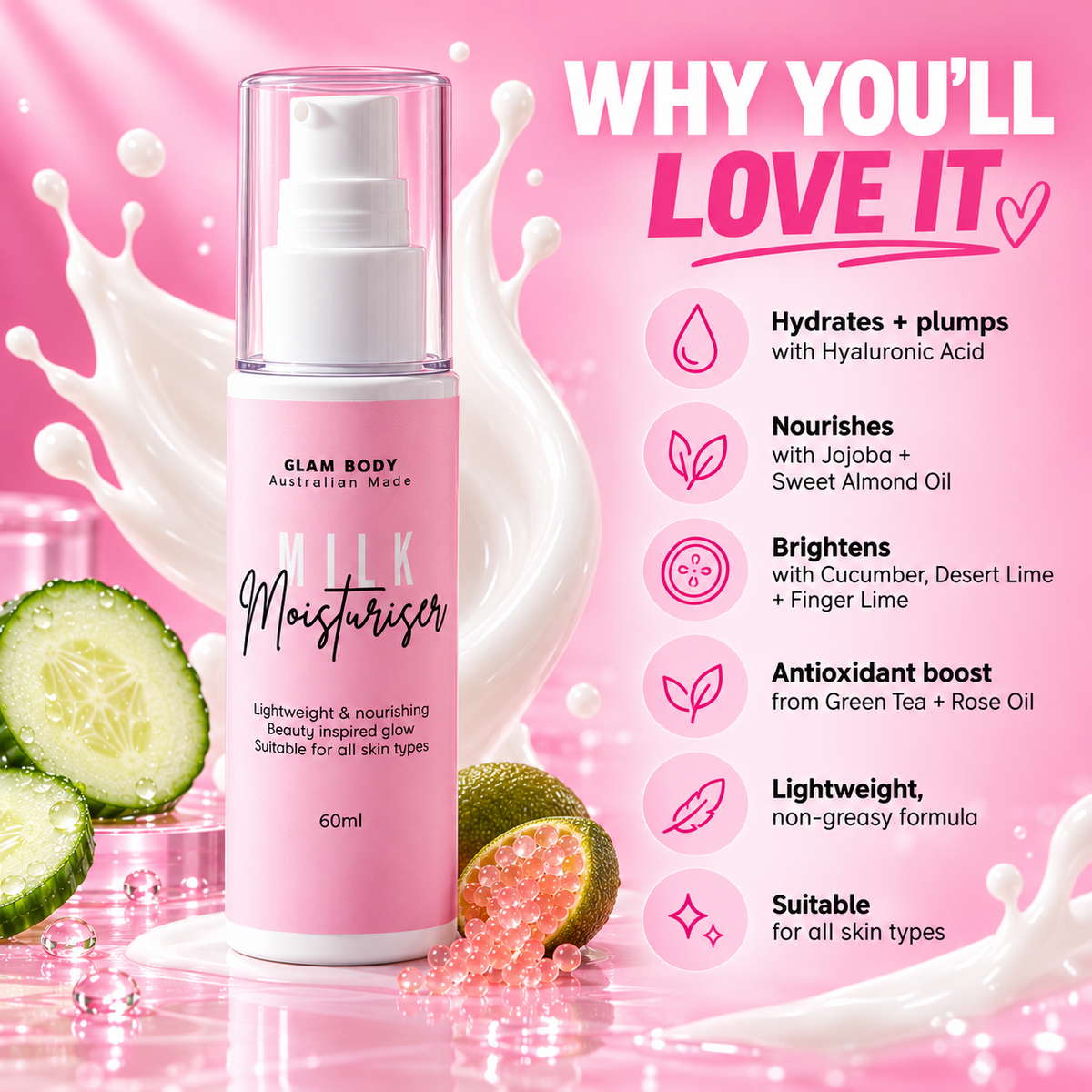 A pink pump bottle labeled 'Glam Body Australia Made Milk Moisturiser' on a glossy pink background with milk splash graphics, cucumber slices, and a list of benefits on the right under the heading 'WHY YOU'LL LOVE IT'.