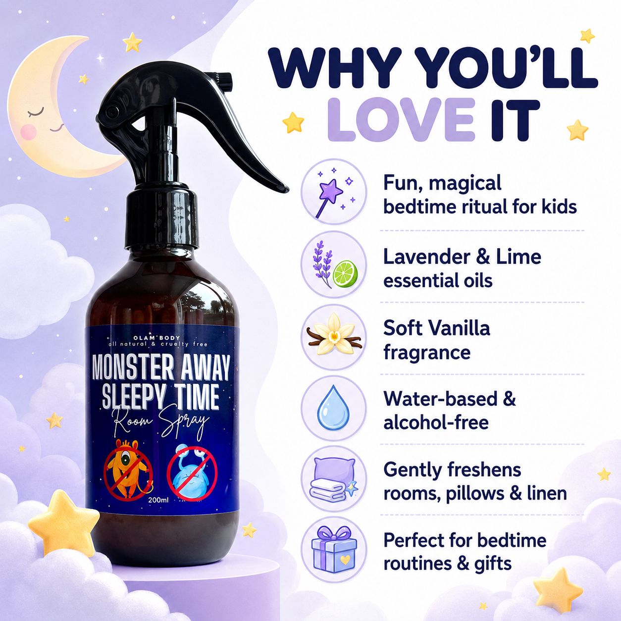 A bottle of 'Monster Away Sleepy Time' room spray is shown against a whimsical pastel background with clouds, stars, and a moon. The bottle is amber brown with a black spray nozzle and a dark blue label.