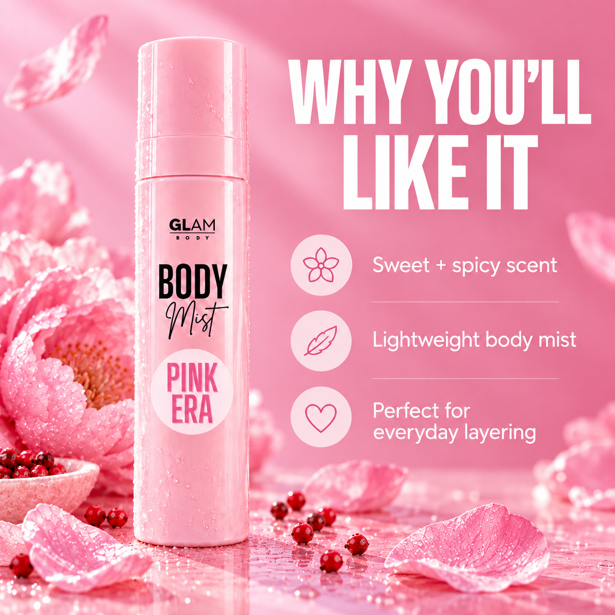 A pink cylindrical body mist bottle labeled 'GLAM BODY BODY Mist PINK ERA' stands on a glossy pink surface with flower petals and small red berries around it. Large text on the right reads 'WHY YOU'LL LIKE IT' with bullet points describing the sweet spicy scent, lightweight body mist, and everyday layering suitability.
