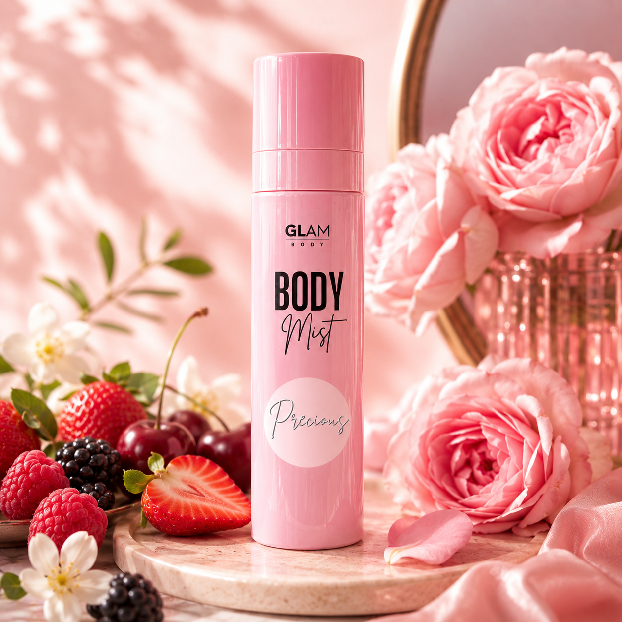 Pink 'GLAM BODY' body mist bottle with flowers and fruits on a pink background