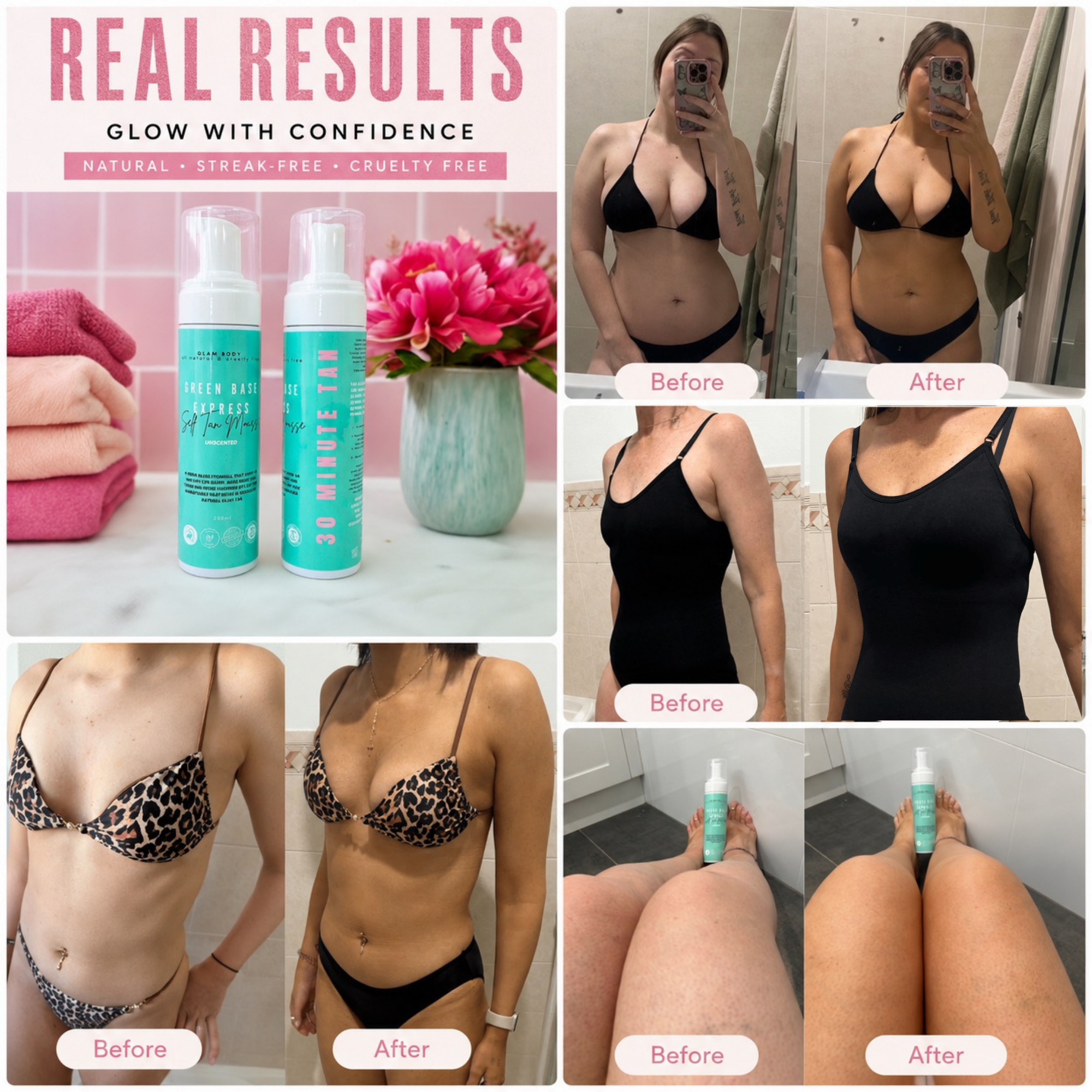 A collage showing before-and-after body transformation photos alongside two turquoise pump bottles labeled 'Glow with Confidence' and a pink floral arrangement. Large text at the top reads 'REAL RESULTS GLOW WITH CONFIDENCE.