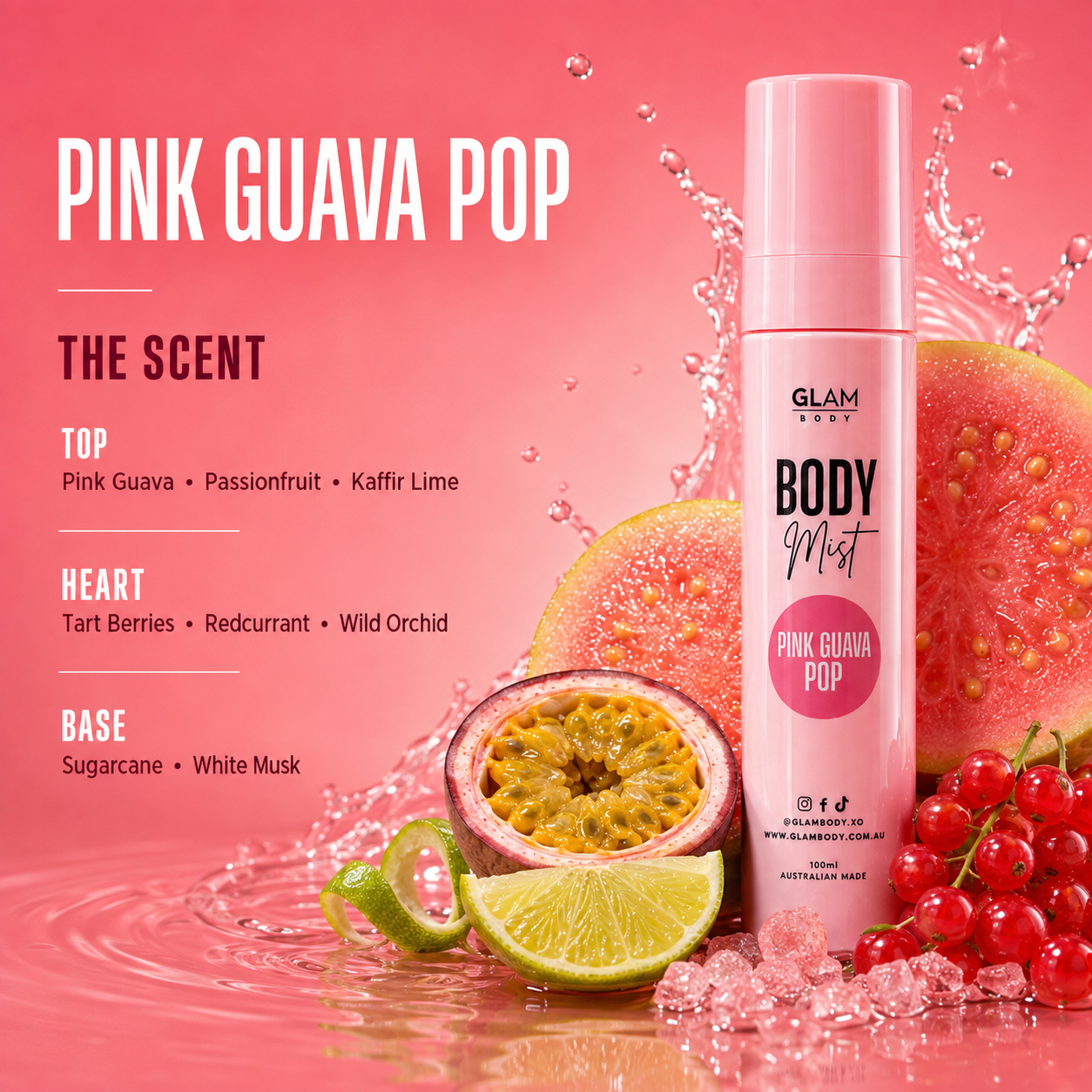 A pink spray bottle labeled 'GLAM BODY Mist' and 'PINK GUAVA POP' stands on a pink water-splash background with sliced guava, lime, red berries, and ice. Text on the left describes the scent notes.