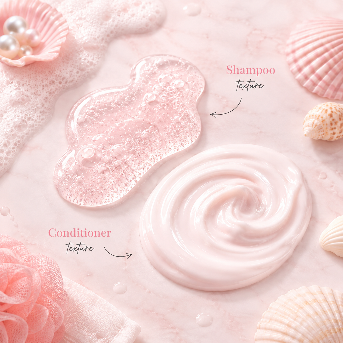 A styled flat-lay showing two pink cosmetic textures on a pale pink marble surface with seashell props. The upper translucent bubbly shape is labeled 'Shampoo texture' and the lower creamy swirl is labeled 'Conditioner texture'.