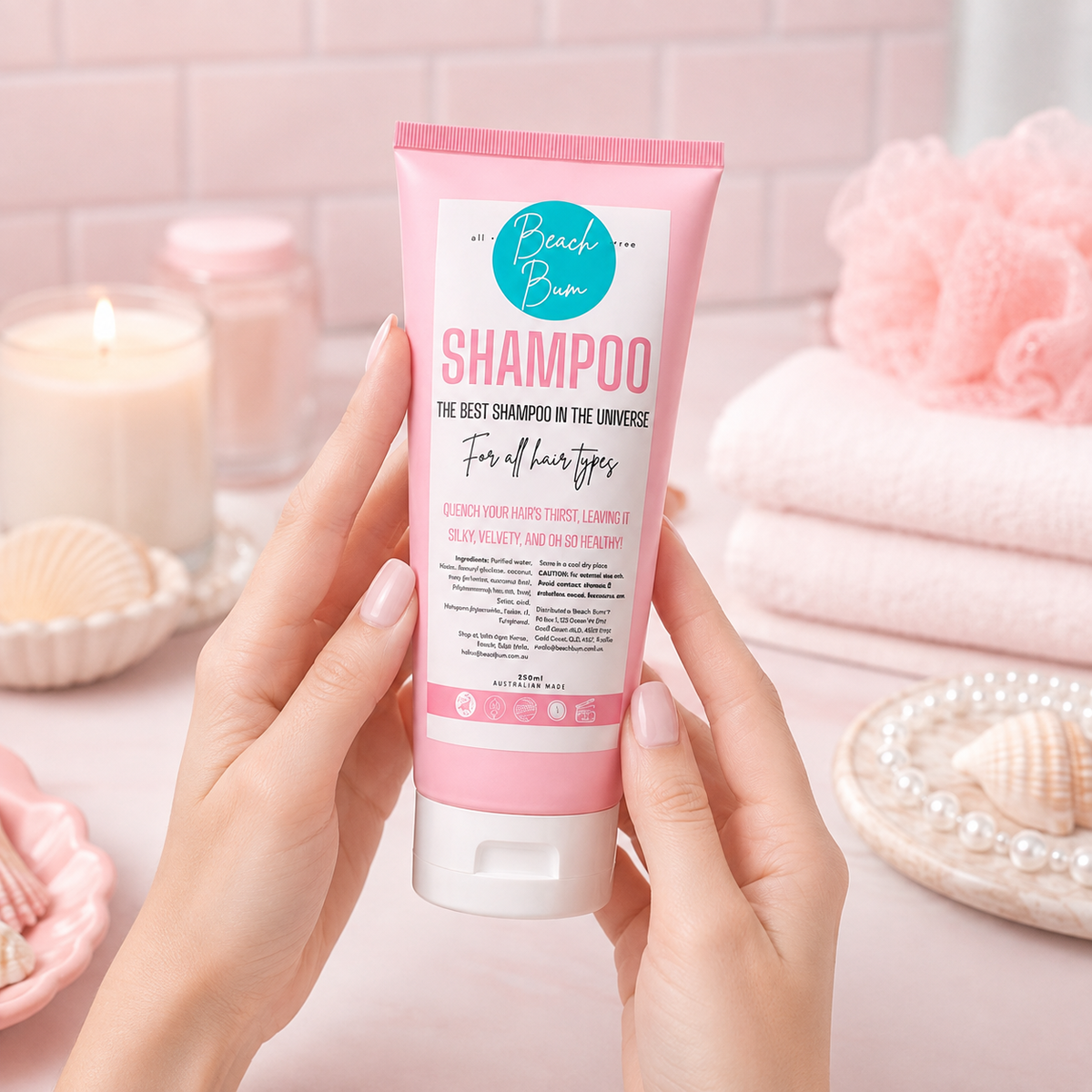 A person holds a pink tube of Beach Bum Shampoo in front of a soft pink bathroom-style background with a candle, towel, and seashell decor.