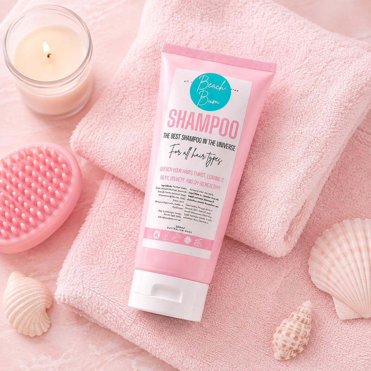 A pink tube of Beach Breeze Shampoo is styled on pink towels with seashells and a pink scrubber, next to a lit candle.