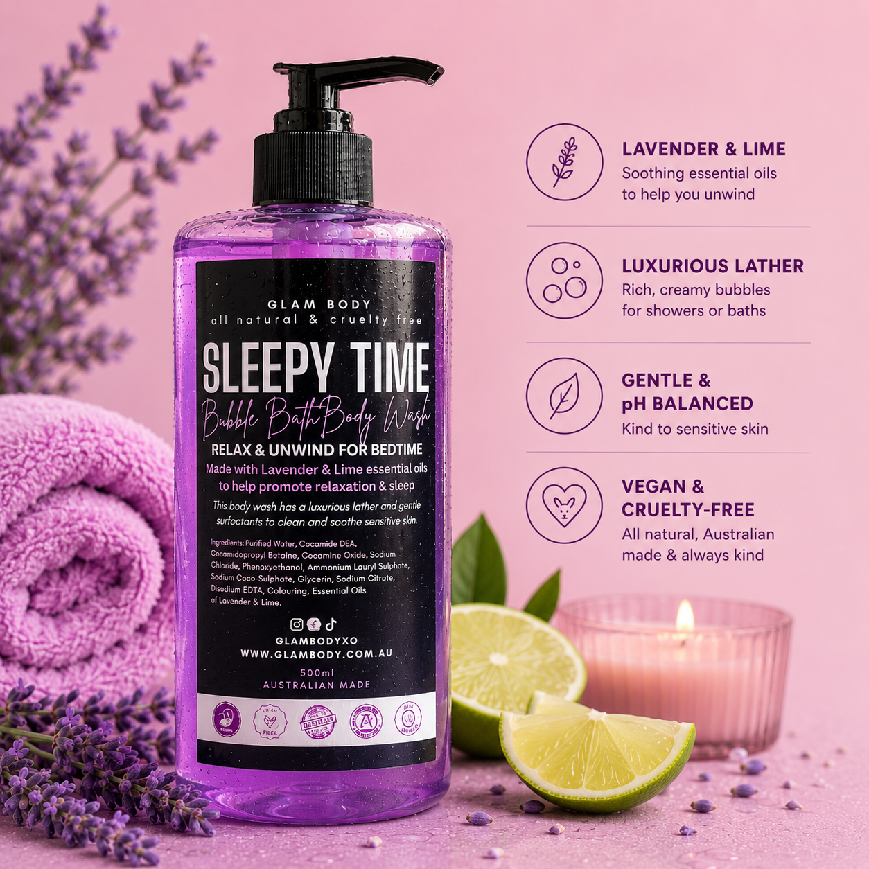 A bottle of Glam Body Sleepy Time Bubble Bath Body Wash is shown on a pink background with lavender sprigs, lime slices, a pink towel, and a lit candle. Text on the right lists product benefits: lavender & lime, luxurious lather, gentle & pH balanced, and vegan & cruelty free.