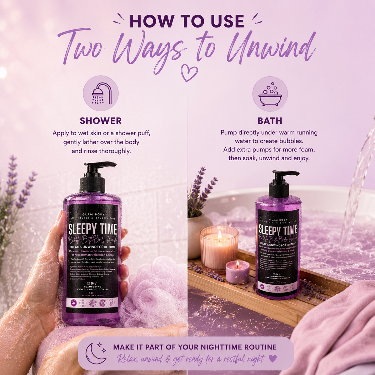 An instructional promotional graphic for a purple bottle labeled 'SLEEPY TIME' showing two usage ways: shower and bath. The image includes large text reading 'HOW TO USE Two Ways to Unwind,' icons for shower and bath, product photos of the bottle in both contexts, candles, lavender, and a pink-lilac background.
