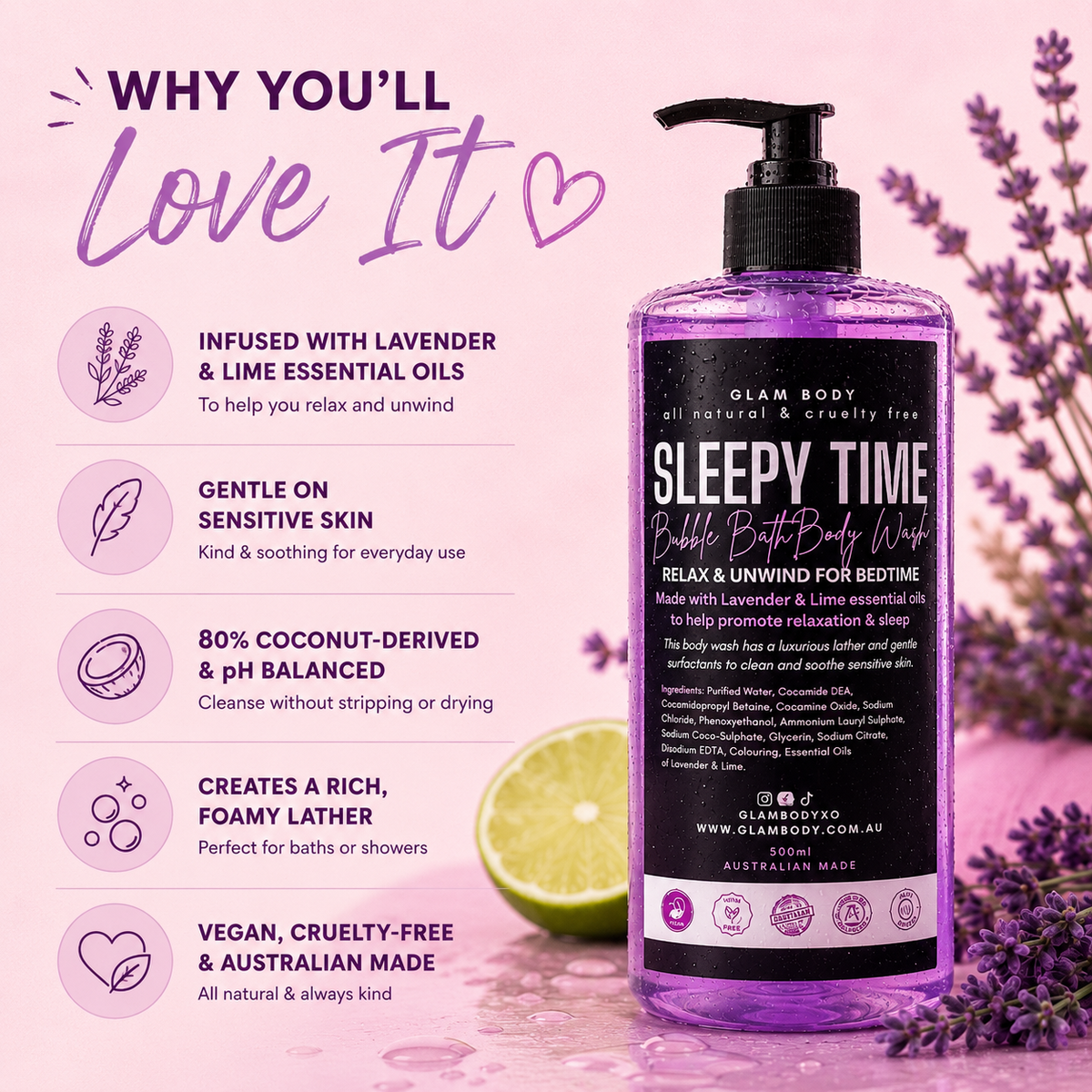 A bottle of Glamberdy Sleepy Time Bubble Bath Body Wash is shown on a pink background with lavender sprigs and a lemon slice, alongside marketing text highlighting lavender, lime, gentle on sensitive skin, balanced pH, and vegan cruelty-free formula.