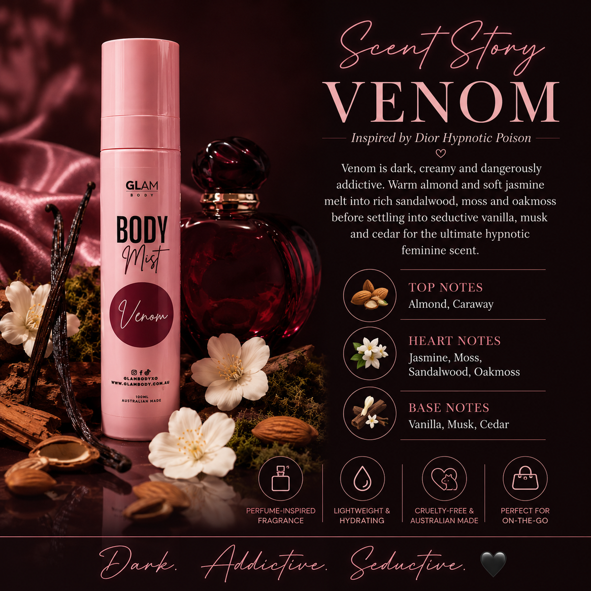 Glam Body Mist 'Venom' with product details on a dark background