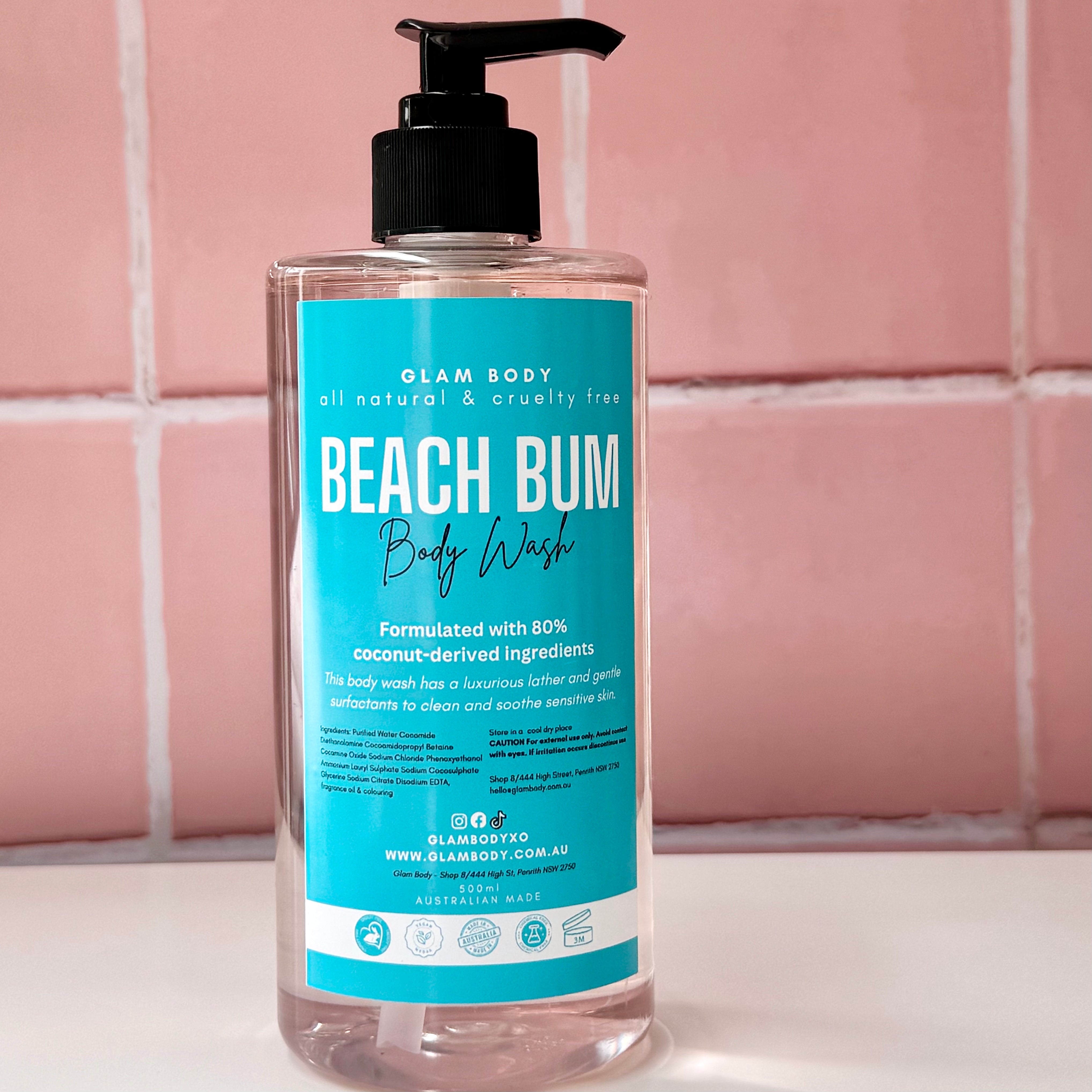 beach bum body wash formulated with 80% coconut derived ingredients 