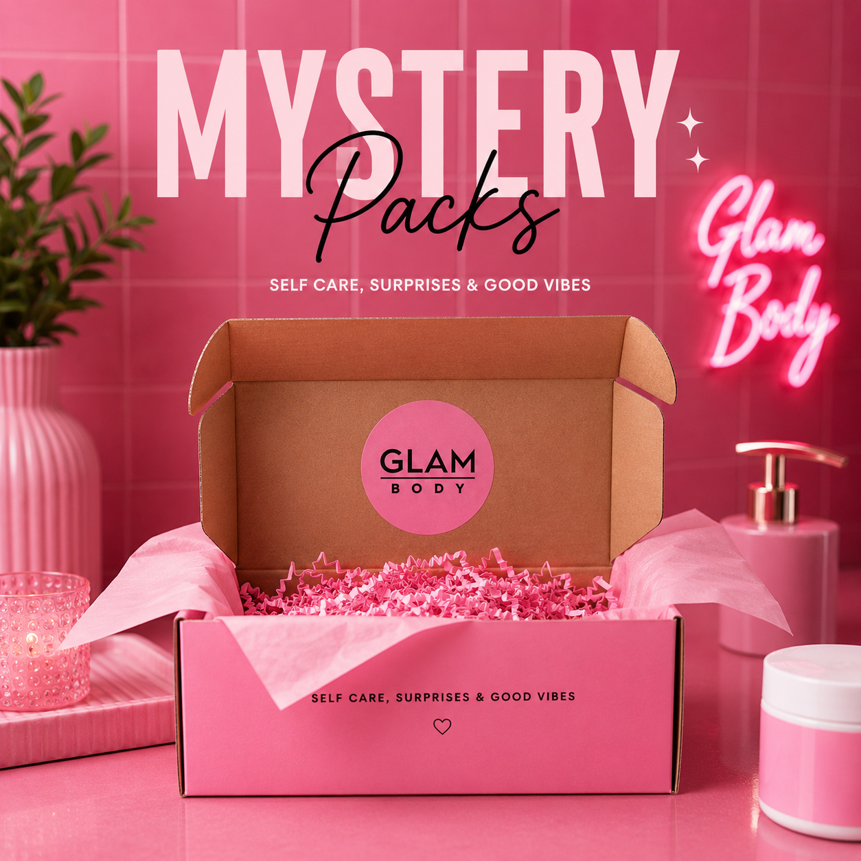 An open pink and brown GLAM BODY mystery box filled with pink shredded paper, set on a pink surface with pink background tiles, decorative candles, a plant, and a pink neon sign. Large text reads 'MYSTERY Packs' and 'SELF CARE, SURPRISES & GOOD VIBES'.