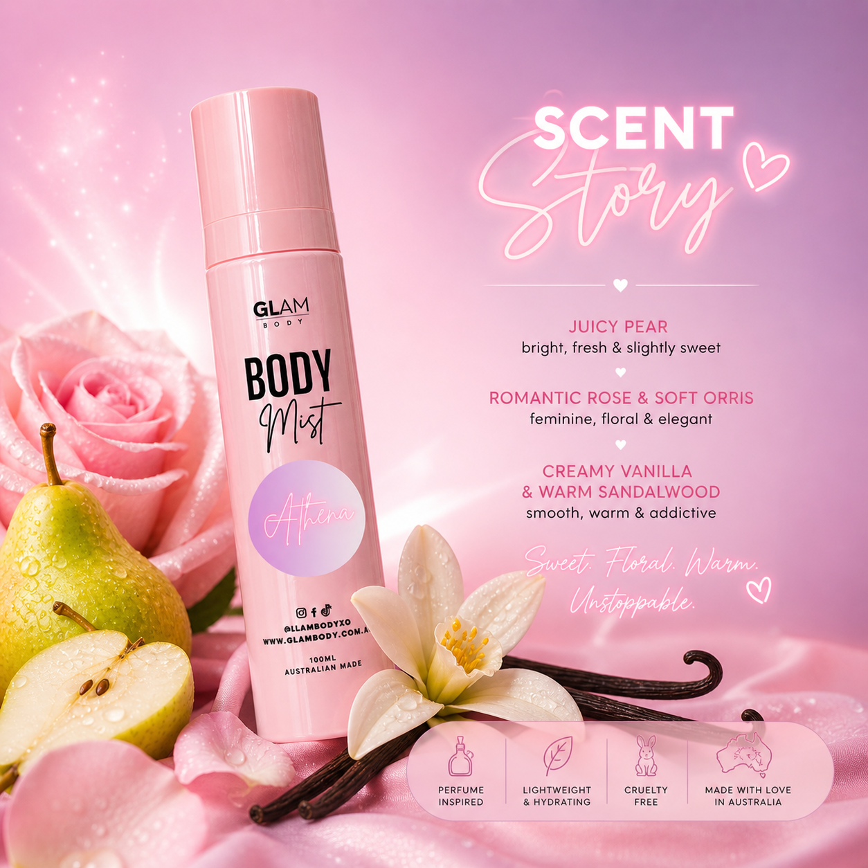 Pink body mist bottle with floral and fruit elements on a pink background, featuring 'Scent Story' branding.