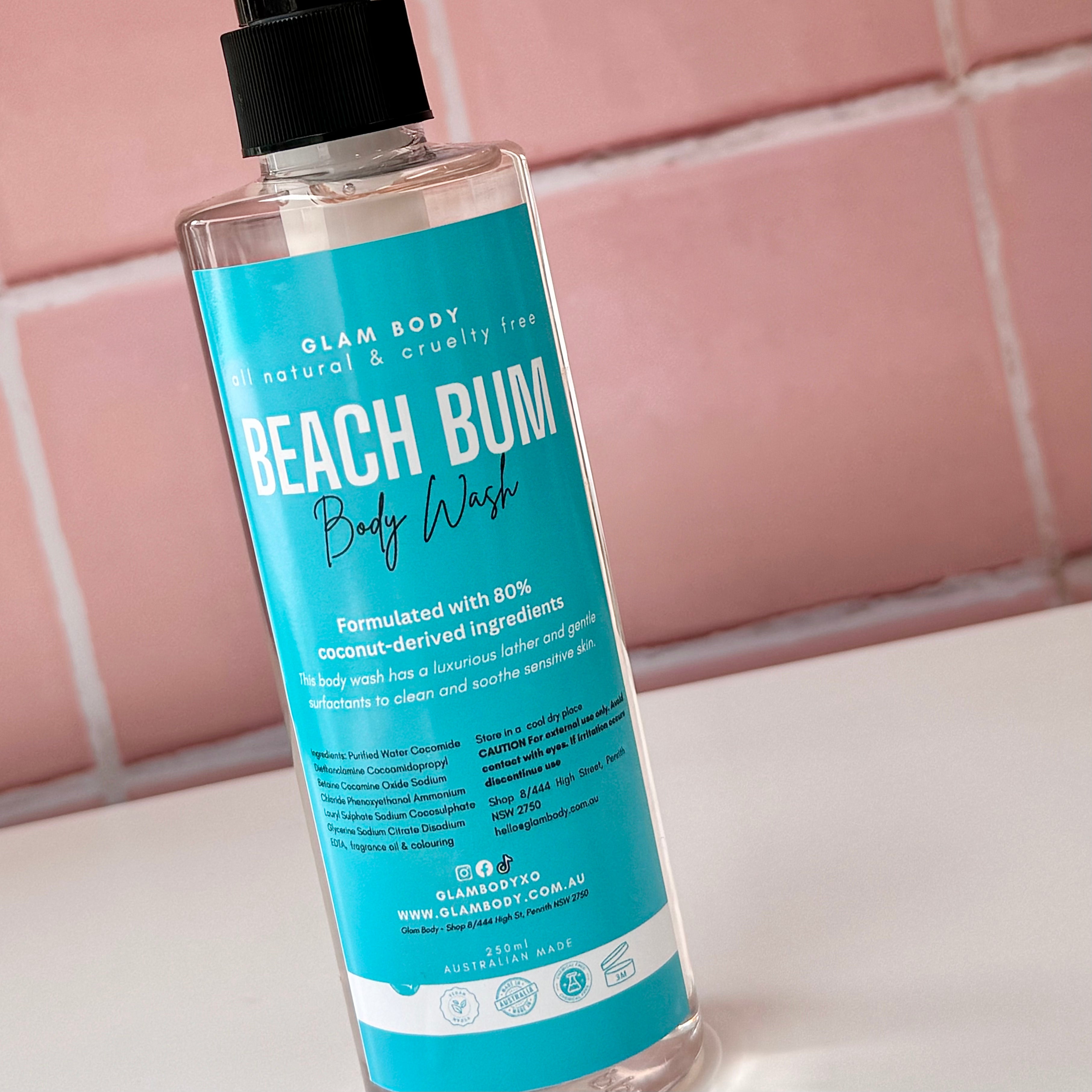 beach bum body wash formulated with 80% coconut derived ingredients 