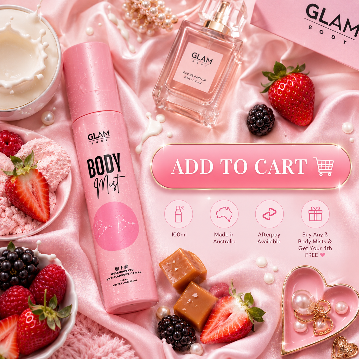 Glam Body mist bottle with strawberry and caramel elements on a pink background