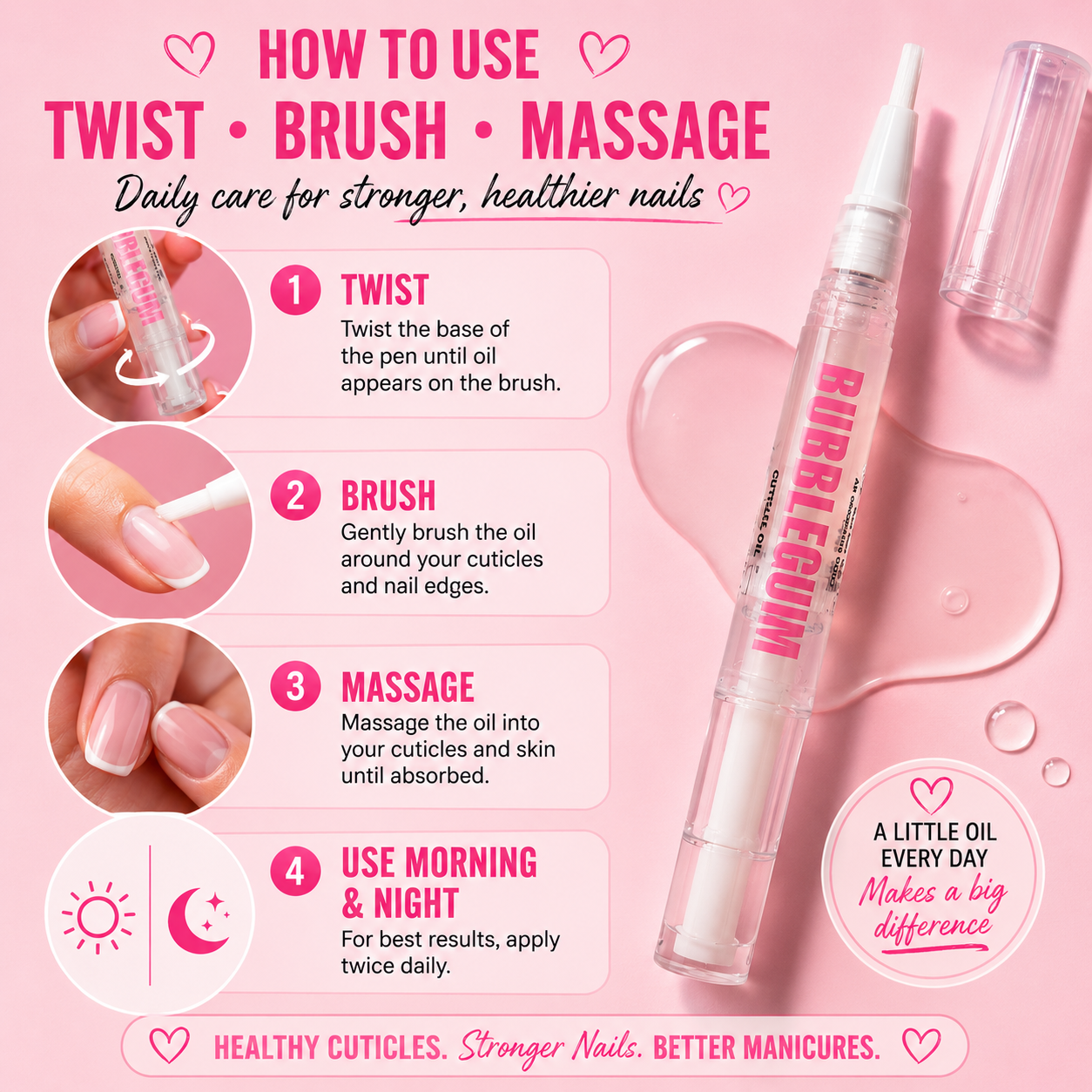 Nail care product with instructions on how to use it on a pink background
