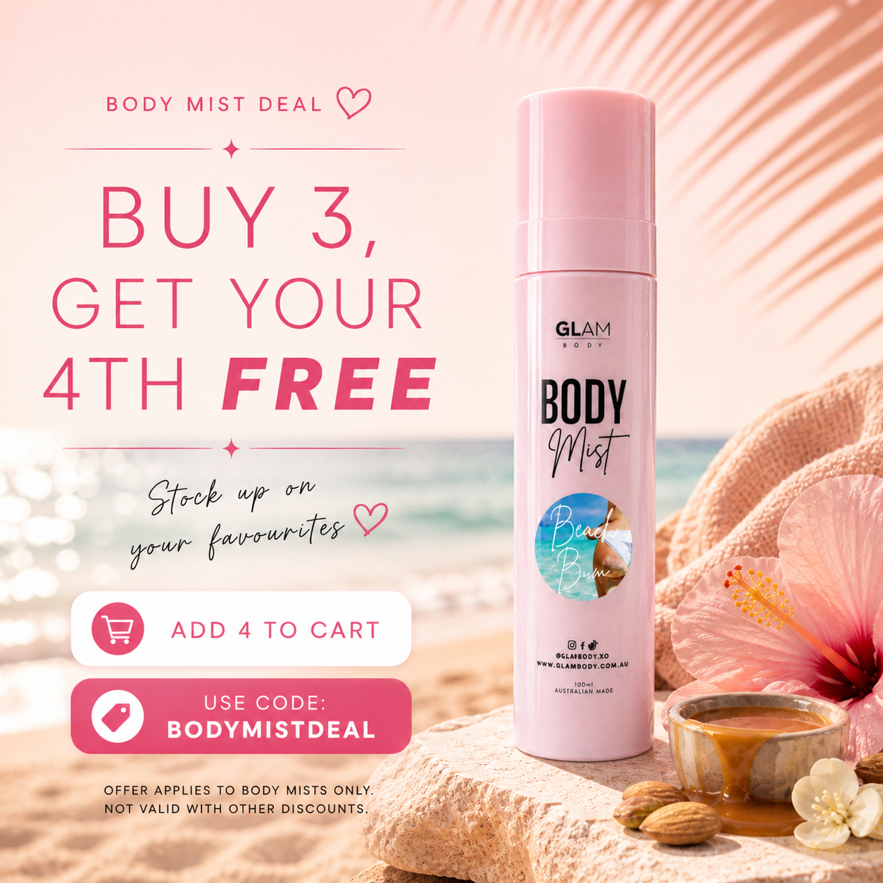 Pink body mist bottle with beach-themed background and promotional text.