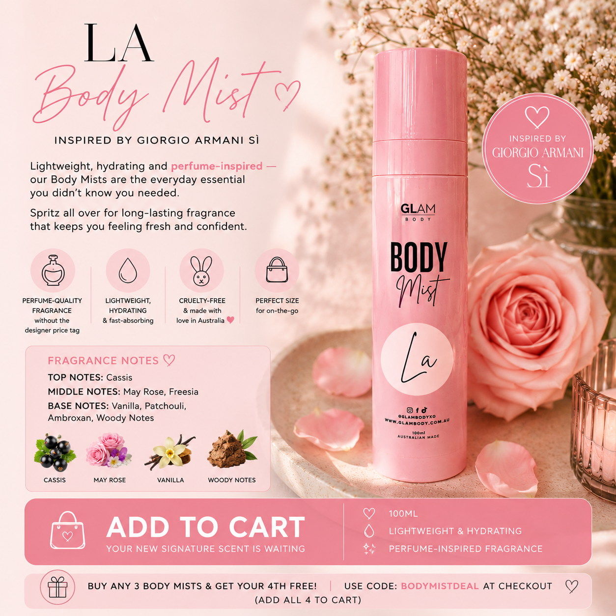 Pink body mist bottle with product details and a rose in the background