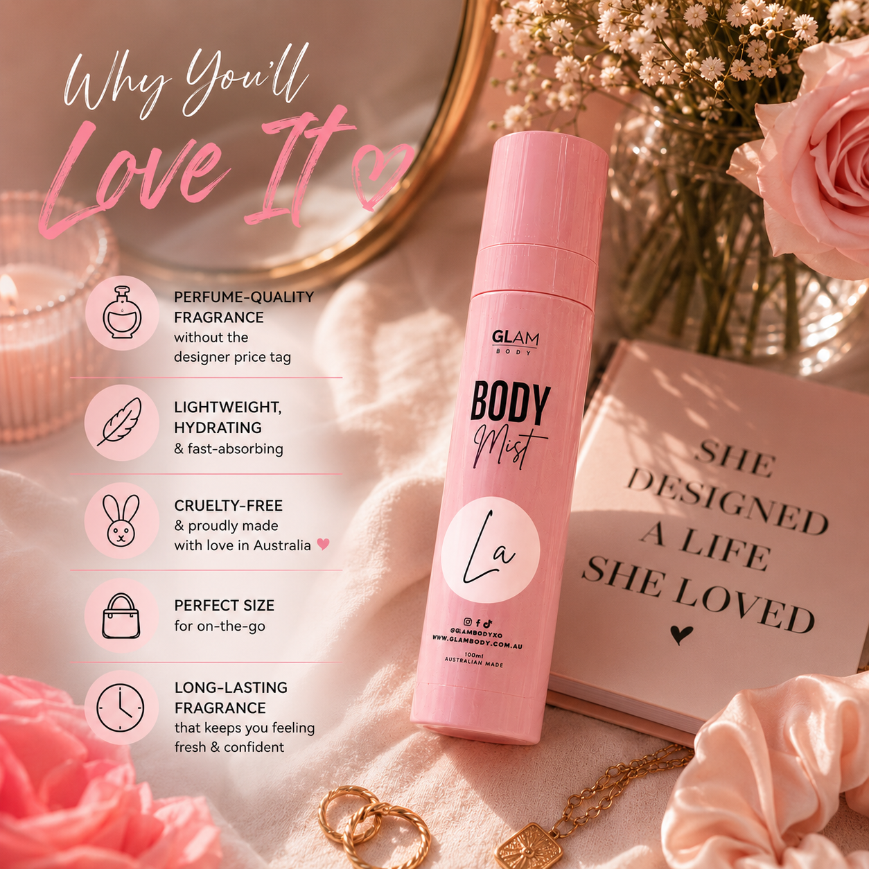 Pink body mist bottle with product features and decorative elements on a soft surface.