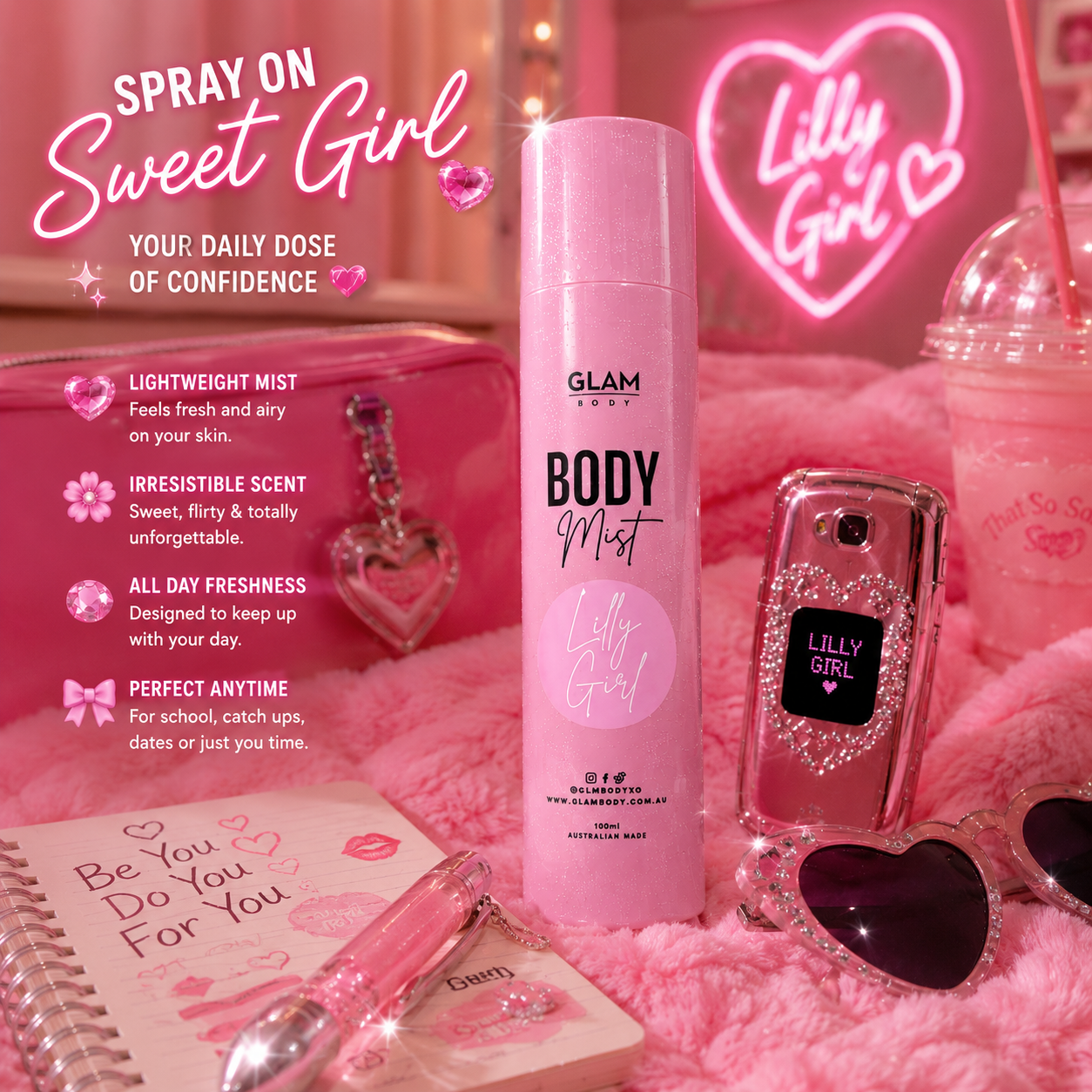 Pink 'Lilly Girl' body mist with accessories on a pink background