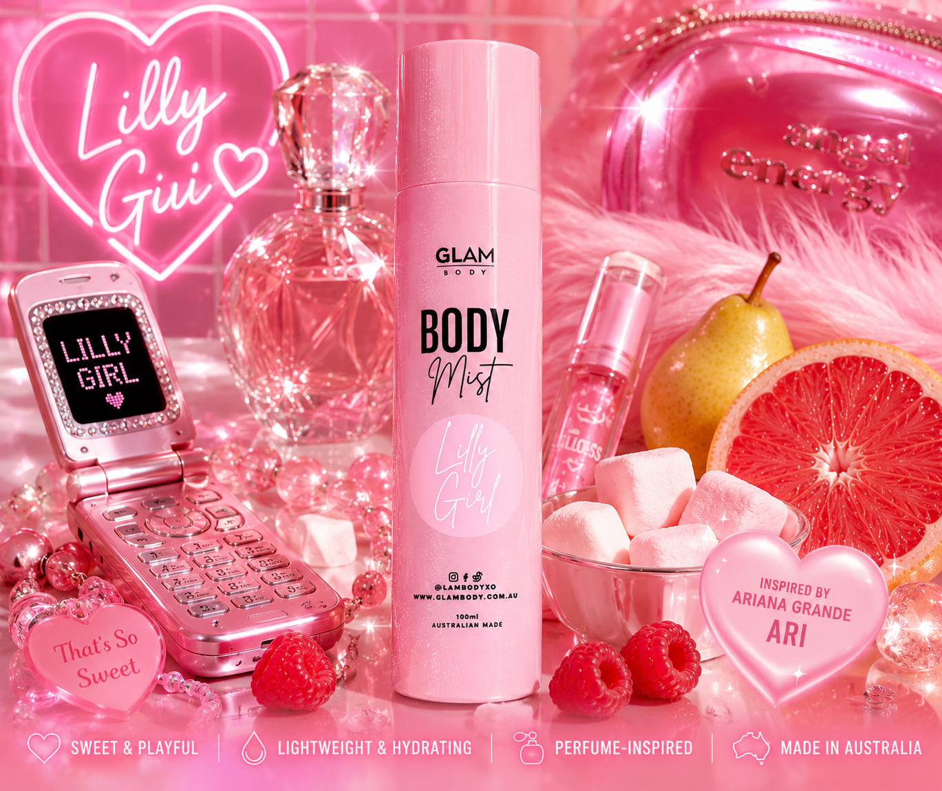 Pink 'Glam Body' mist bottle with 'Lilly Girl' branding on a colorful background.