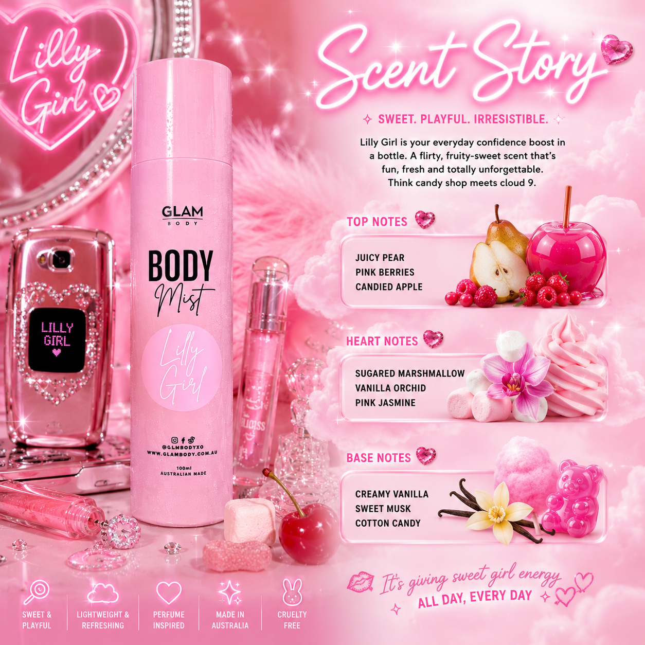 Pink 'Lilly Girl' body mist with product details on a pink background