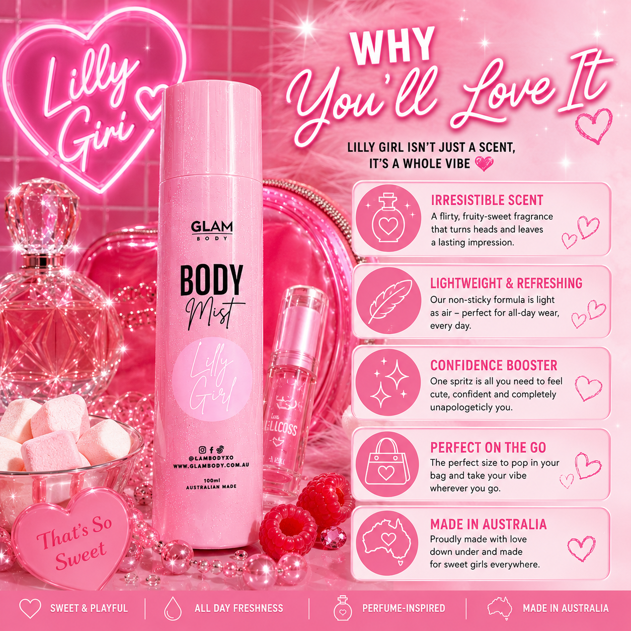 Pink body mist bottle with 'Lilly Girl' branding on a pink background with product features listed.