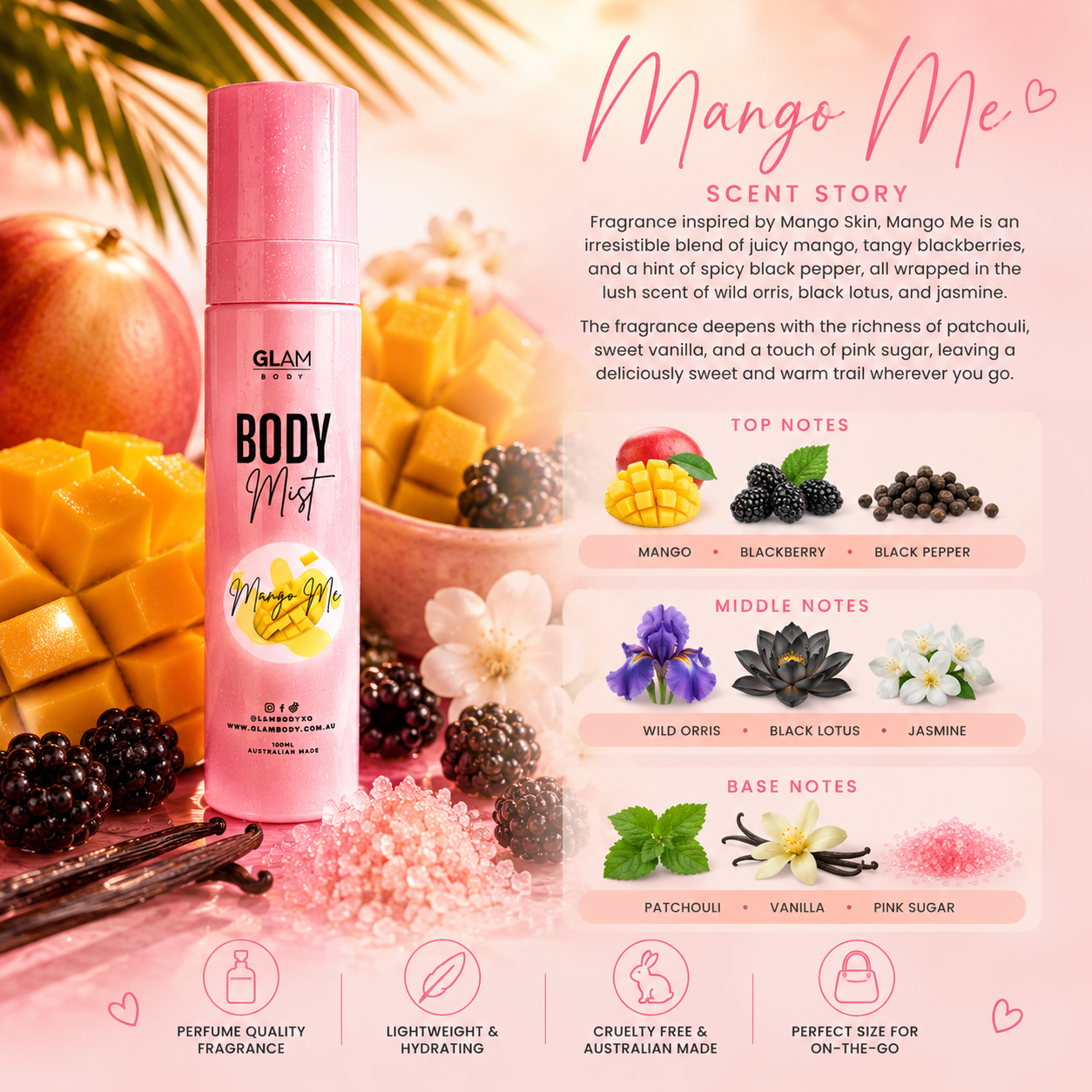 Pink body mist bottle with mango and blackberry elements on a colorful background