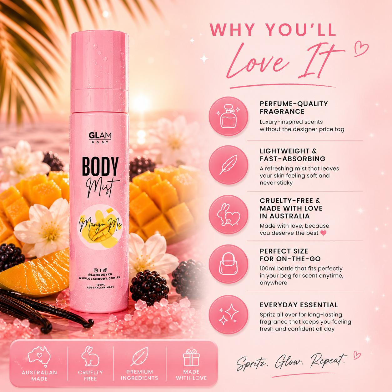 Pink body mist bottle with fruit and floral elements on a pink background