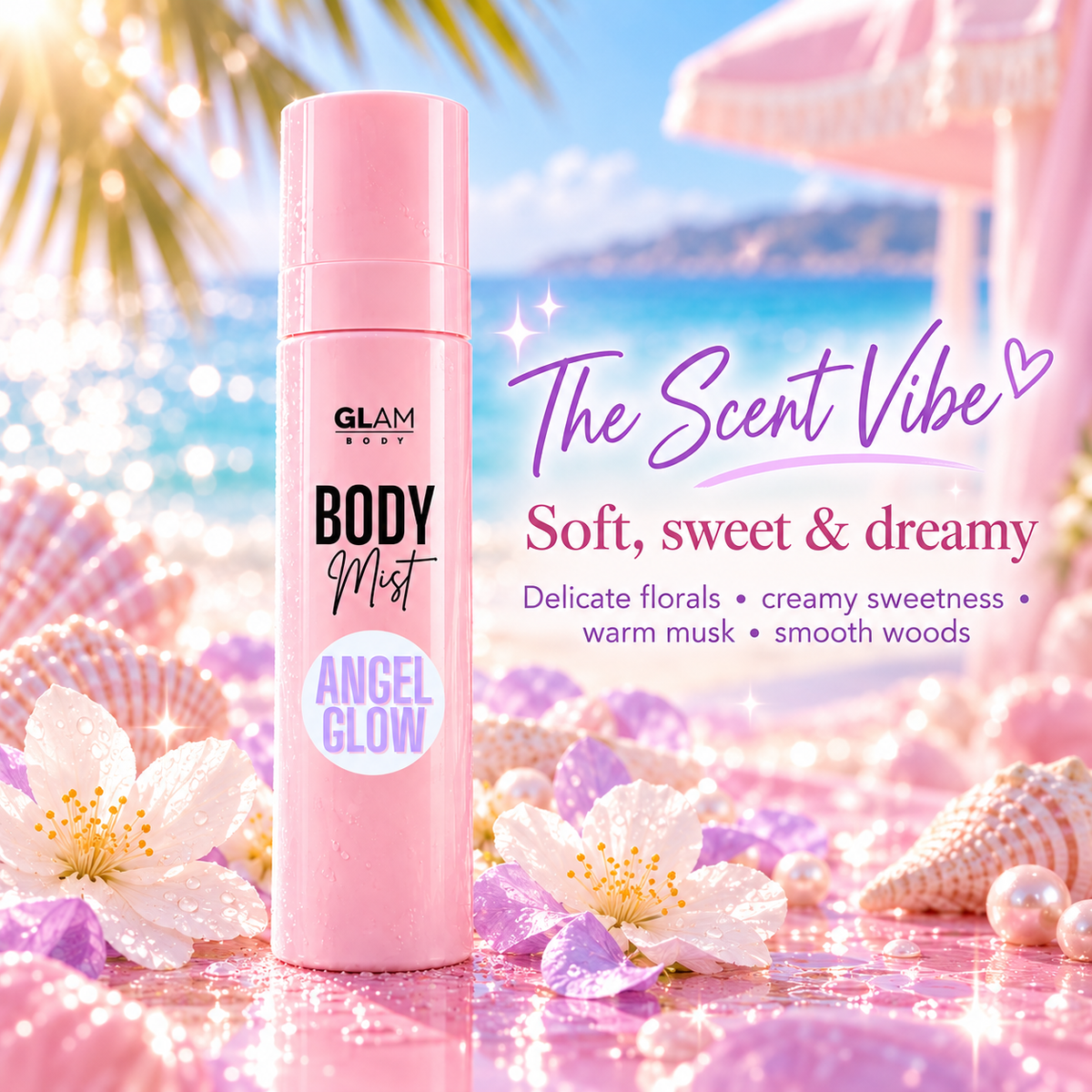 A pink bottle of GLAM BODY Body Mist labeled 'Angel Glow' is centered in a tropical beach scene with pink flowers, shells, and text reading 'The Scent Vibe' and 'Soft, sweet & dreamy.'.