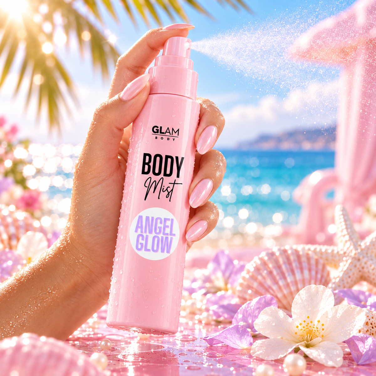 A hand with pink manicured nails holds a pink spray bottle labeled GLAM BODY Mist Angel Glow, with a sparkling beach scene in the background.