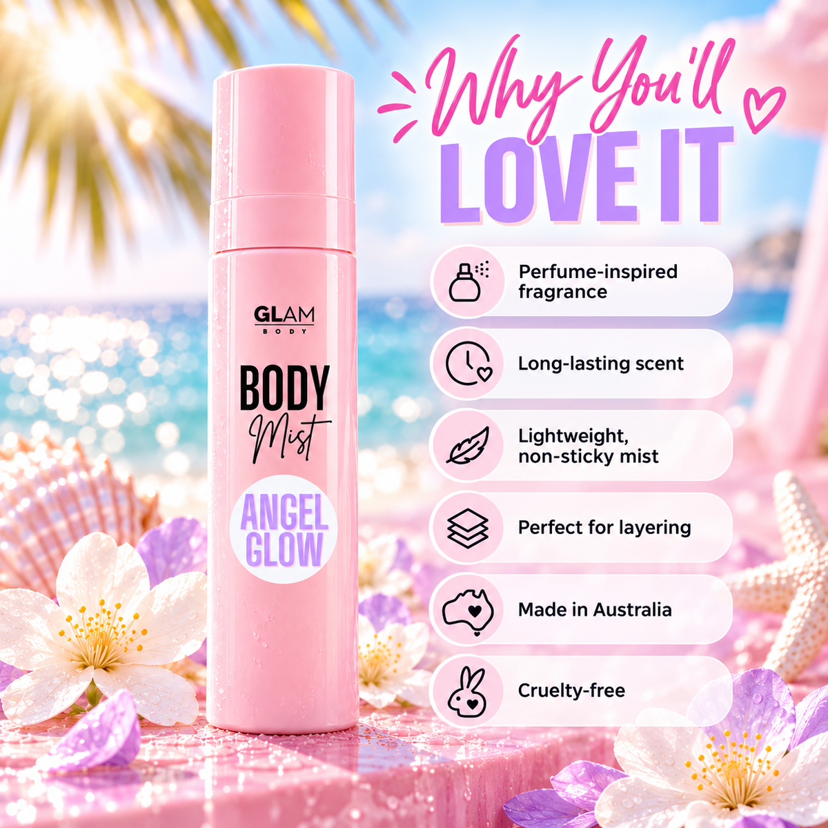 A pink bottle of GLAM BODY Body Mist Angel Glow is displayed against a tropical beach background with flowers and a text overlay detailing product benefits.
