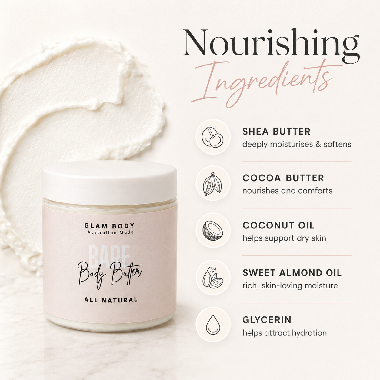 A jar of Glam Body Australia Hife Body Butter is shown next to a large smear of white body butter on a light marble surface, with an infographic titled 'Nourishing Ingredients' listing shea butter, cocoa butter, coconut oil, sweet almond oil, and glycerin.