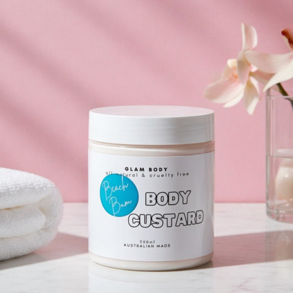 Jar of 'Body Custard' with a pink background