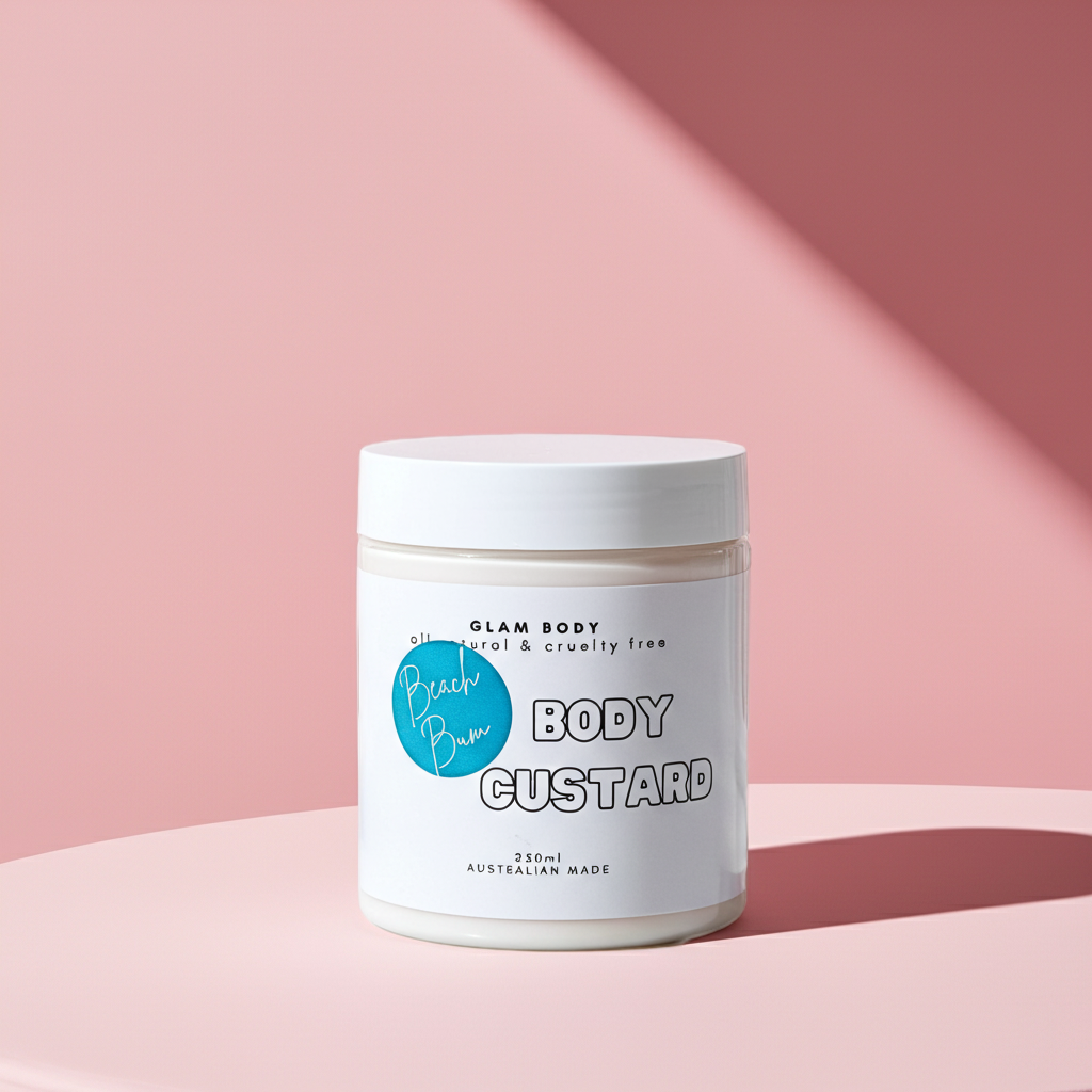 Jar of 'Body Custard' on a pink background