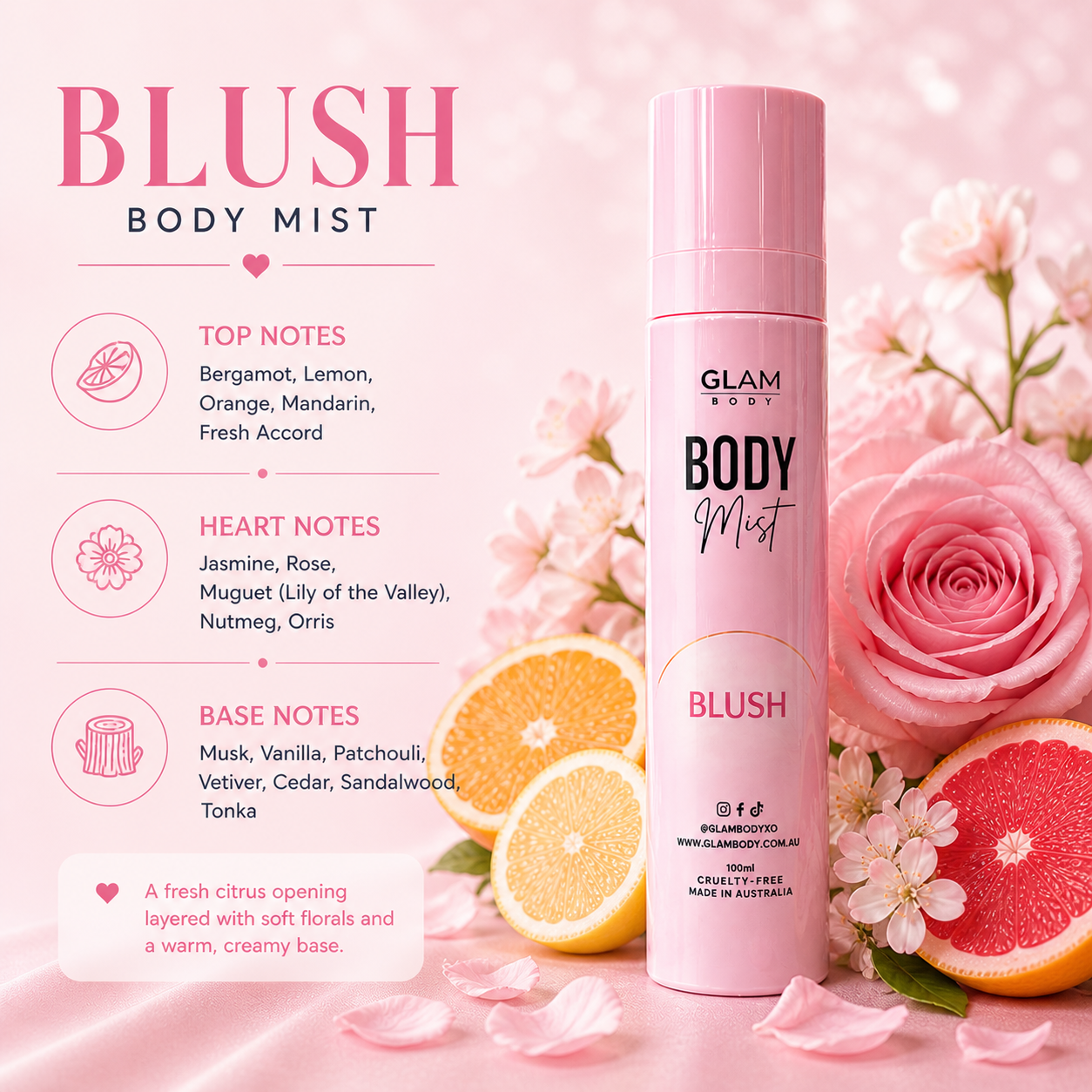 Pink body mist bottle labeled 'Glam Body' with floral and fruit elements on a pink background