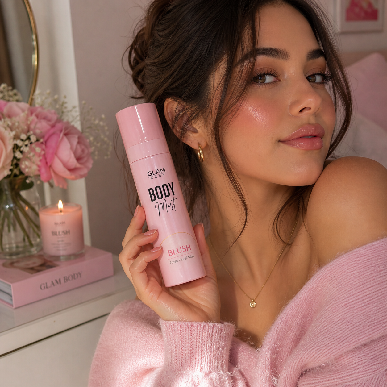Woman holding a pink 'Glam Body' product with flowers and candles in the background