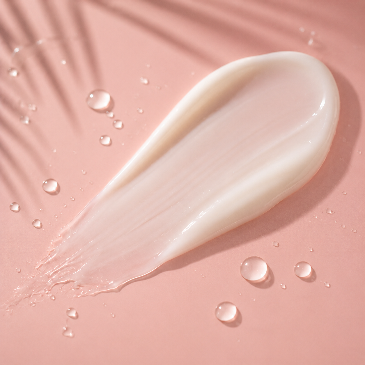 Cream swatch on a pink background with water droplets