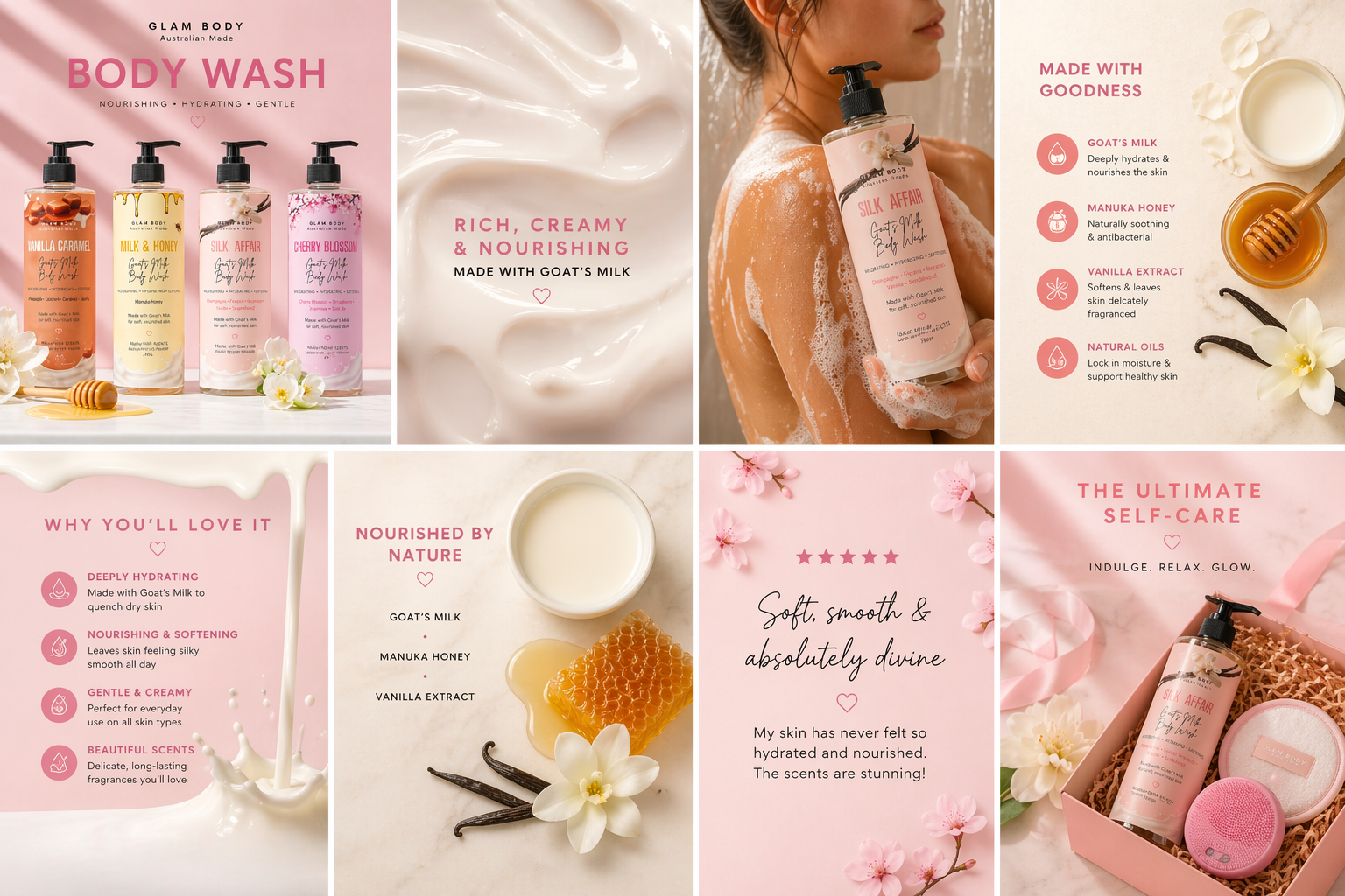 Collage of body wash products with text highlighting features and benefits.