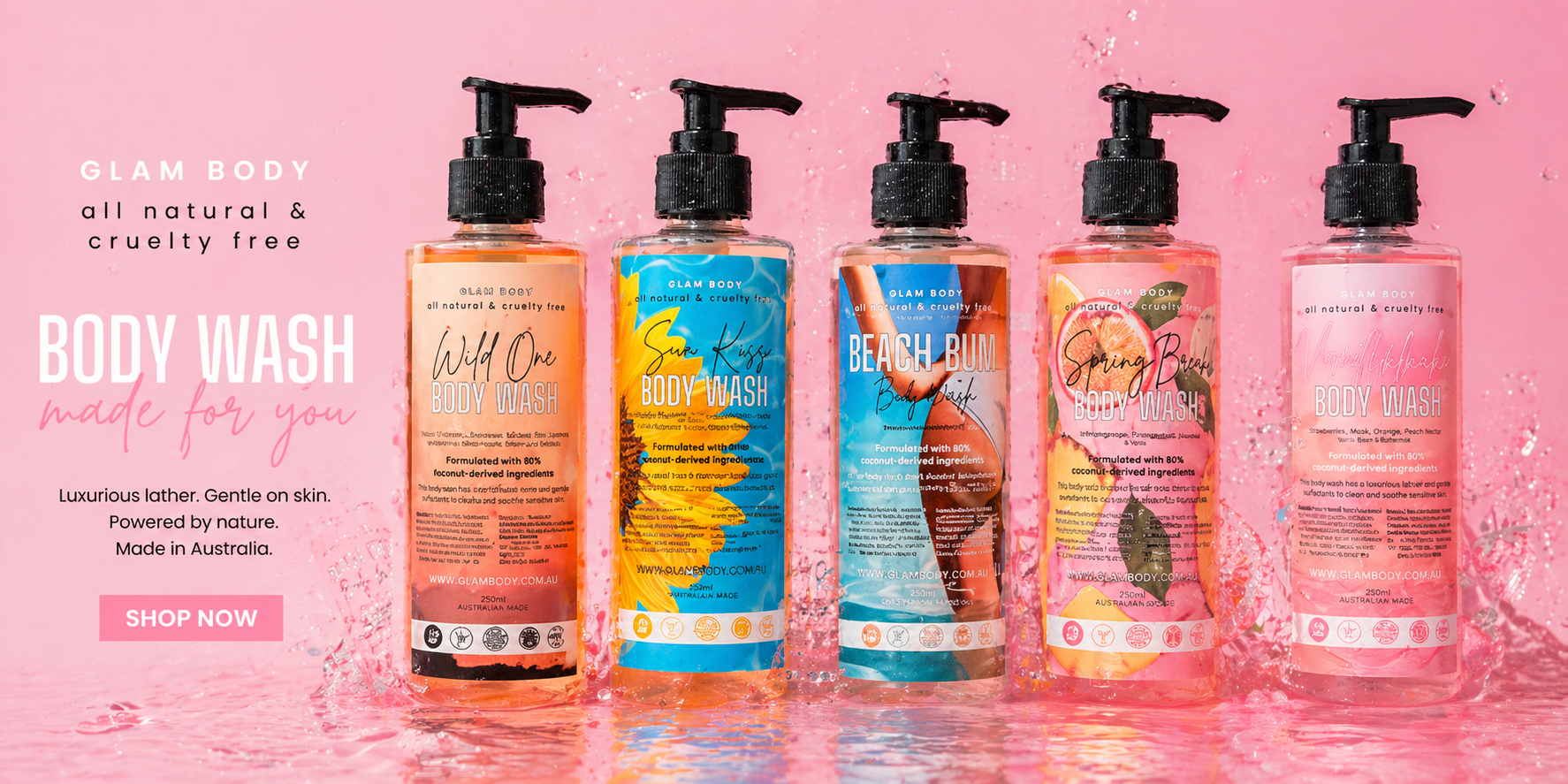 Five bottles of body wash with different scents on a pink background
