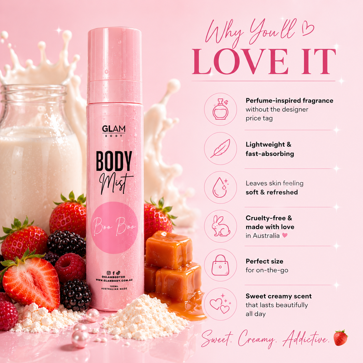 Pink body mist bottle with strawberry and milk background, featuring product details on a pink background.
