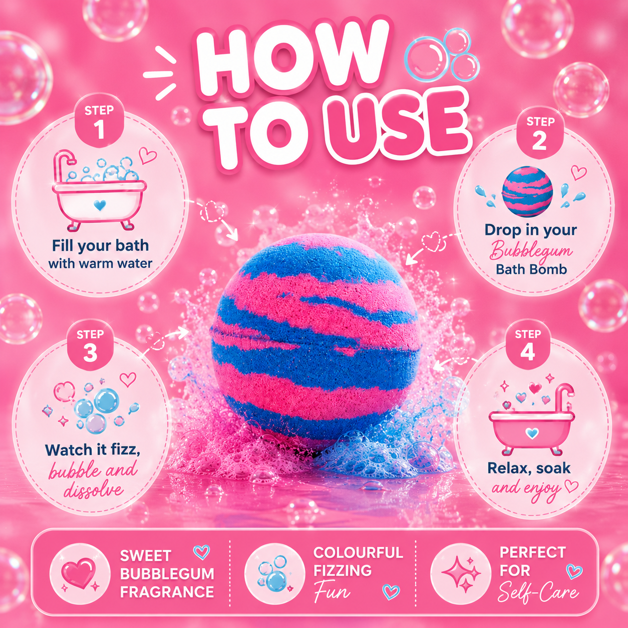 Pink and blue striped bath bomb with step-by-step instructions on a pink background