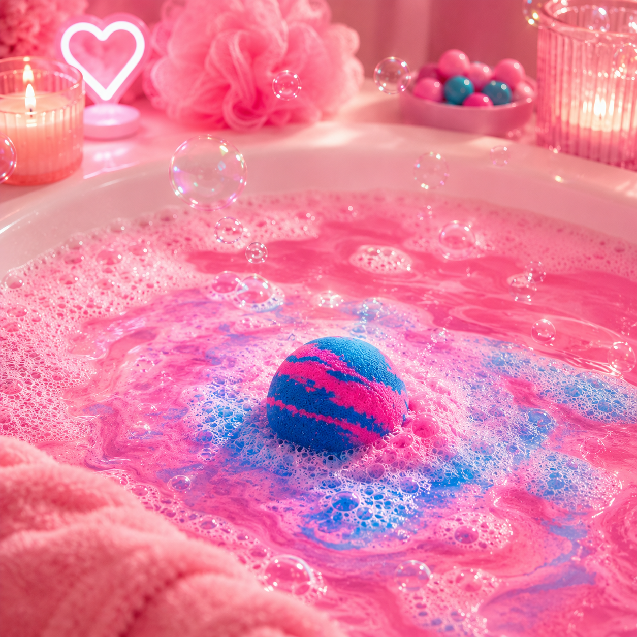 Pink bath tub with bubbles and a blue and pink bath bomb, surrounded by pink decor.