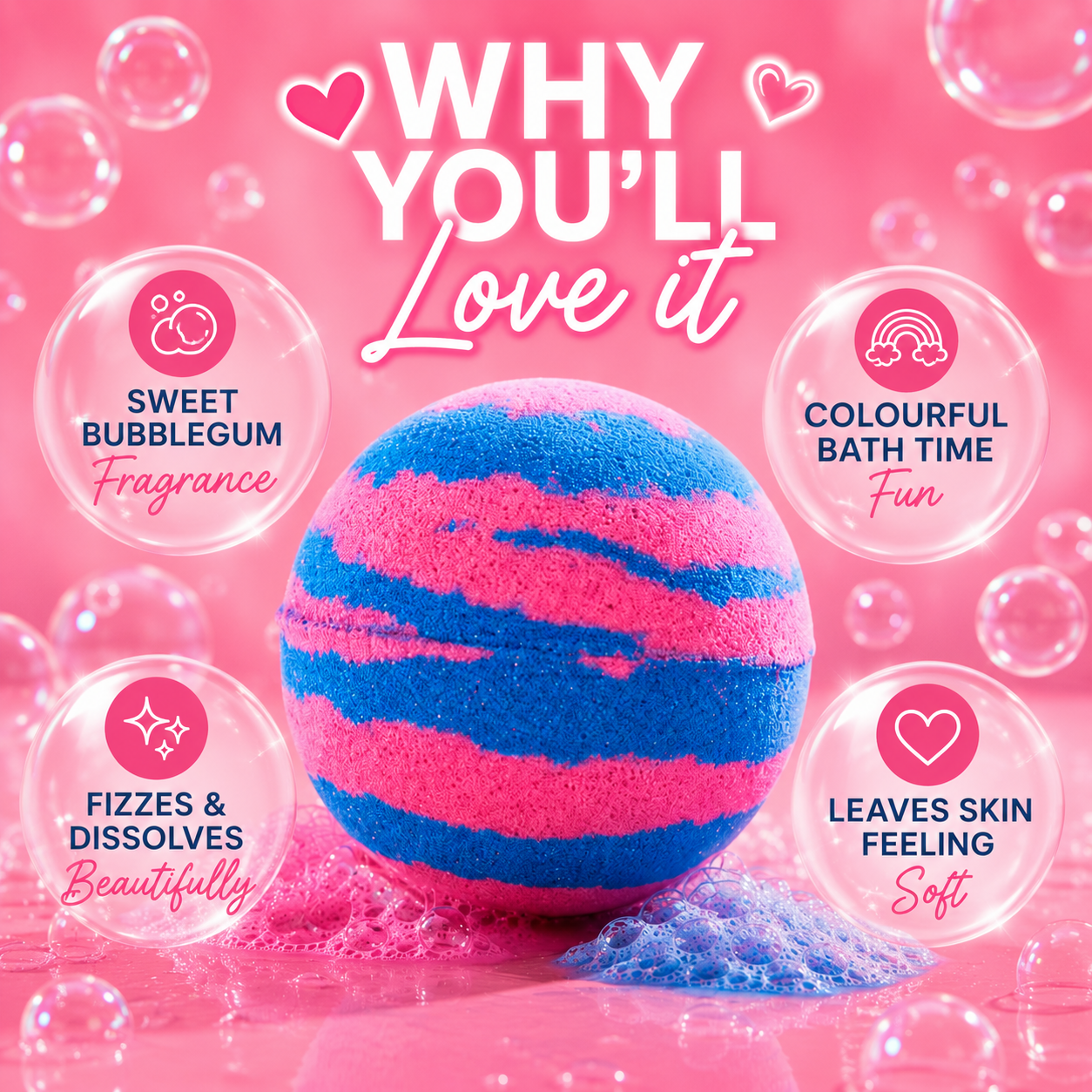 Colorful bath bomb with text on a pink background