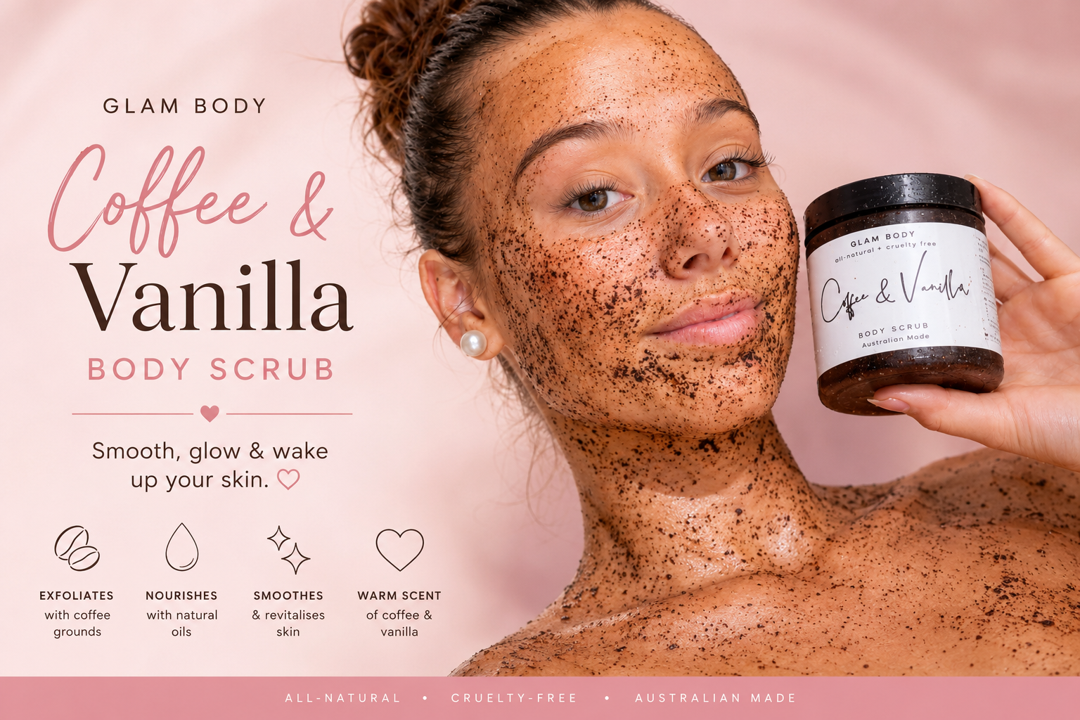 Woman with coffee and vanilla body scrub on her face holding a jar of the scrub against a pink background.