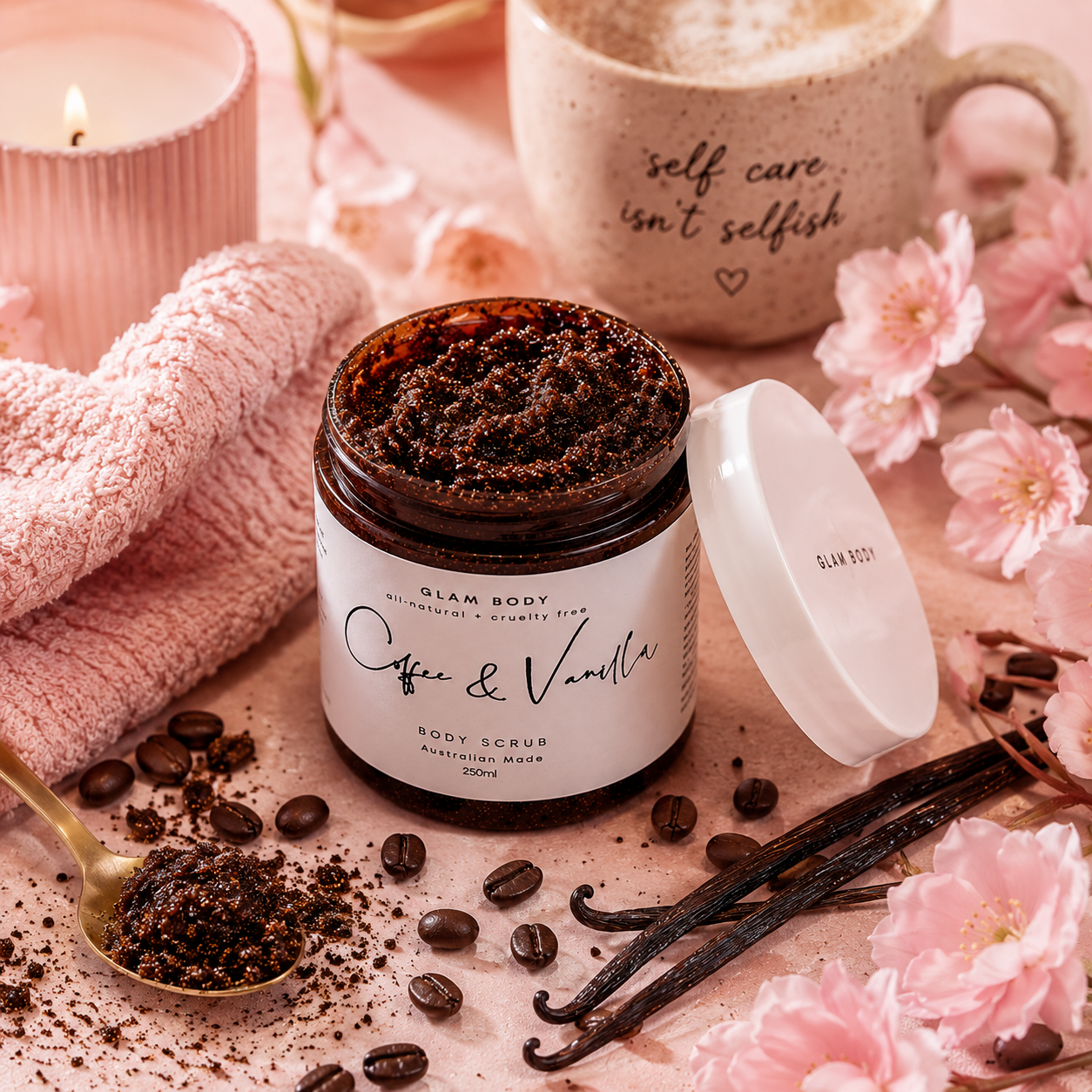 Jar of Coffee & Vanilla body scrub with coffee beans, vanilla pods, and flowers on a pink surface.