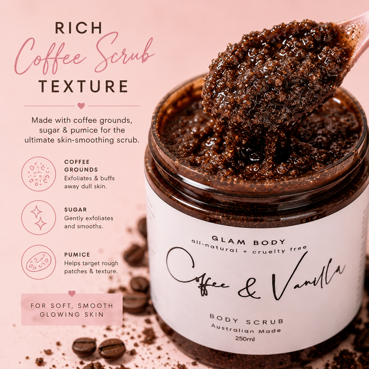 Jar of coffee scrub with a spoonful of scrub above it, on a pink background.