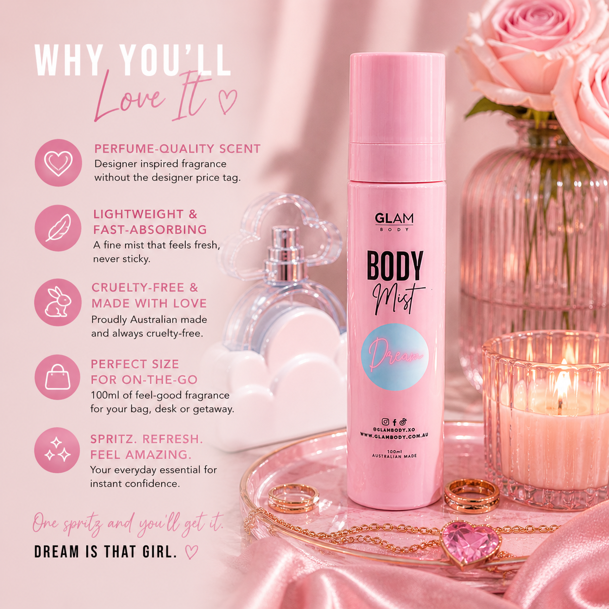 Pink 'Glam Body Mist' with product features listed on a pink background