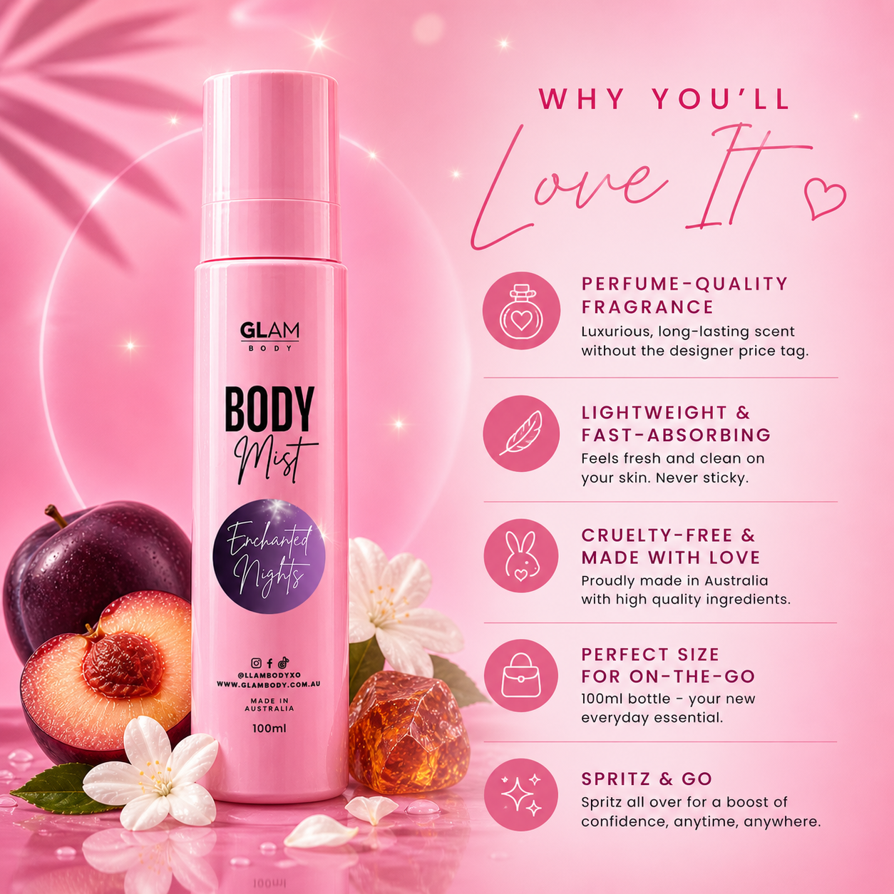 Pink body mist bottle with fruit and flowers on a pink background